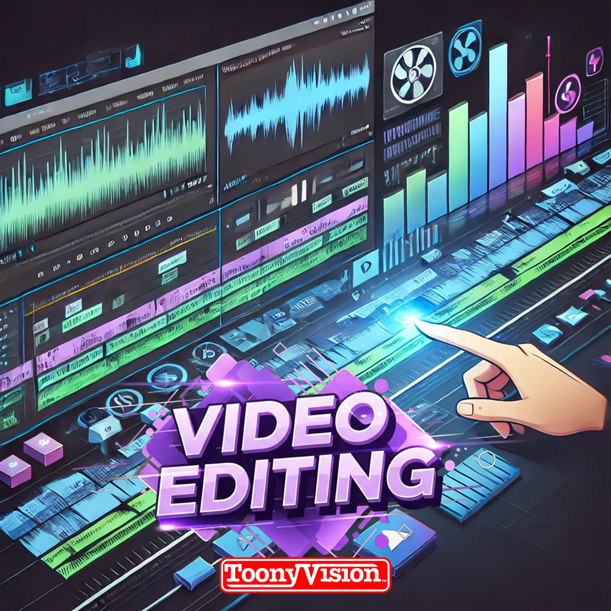 ToonyVision Animation Ad Agency video editing package 30 seconds to 3 minutes high retention editing captions color grading thumbnails and VFX